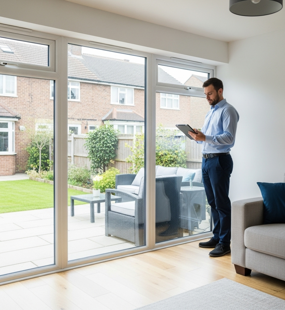 A Salisbury EPC Assessor in business attire stands indoors by large glass doors, holding a clipboard and writing notes while looking outside at a tidy backyard with patio furniture and a well-kept lawn.