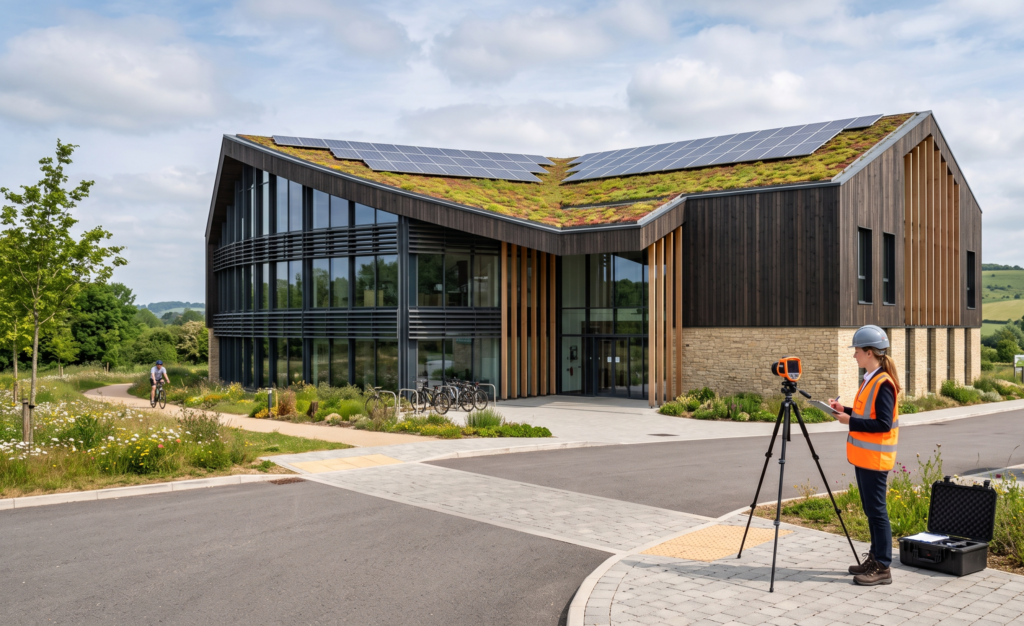 A person in a hard hat and orange vest uses surveying equipment outside a modern eco-friendly building with solar panels and a green roof—ideal for achieving a Tidworth Commercial EPC—surrounded by greenery and a cyclist in the background.