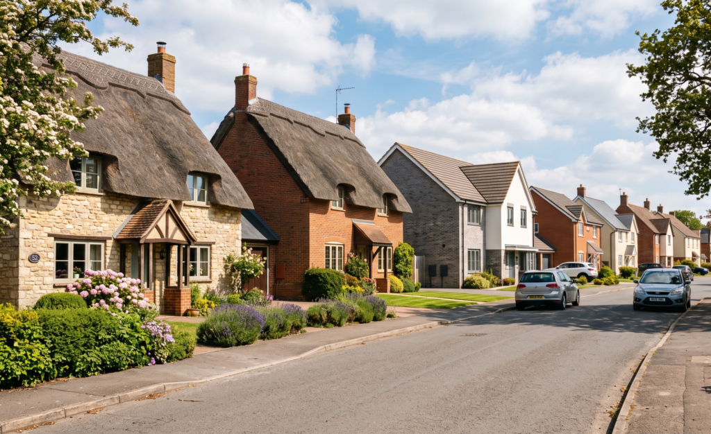 A suburban street in Tidworth, lined with traditional thatched-roof houses, well-kept gardens, parked cars, and lush greenery under a partly cloudy blue sky—an ideal setting for a Domestic EPC assessment.
