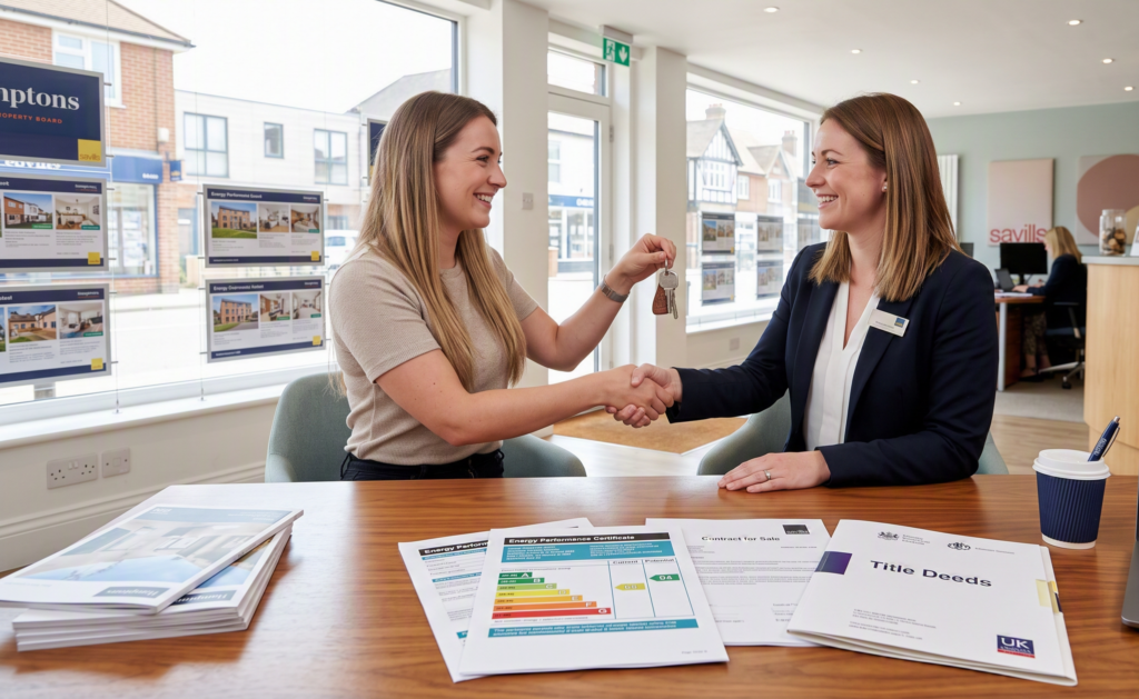 Two women sit across a desk in a Tidworth EPC Estate Agent office, shaking hands as keys are handed over. Papers, brochures, and a coffee cup rest on the desk, with property listings displayed on the windows behind them.