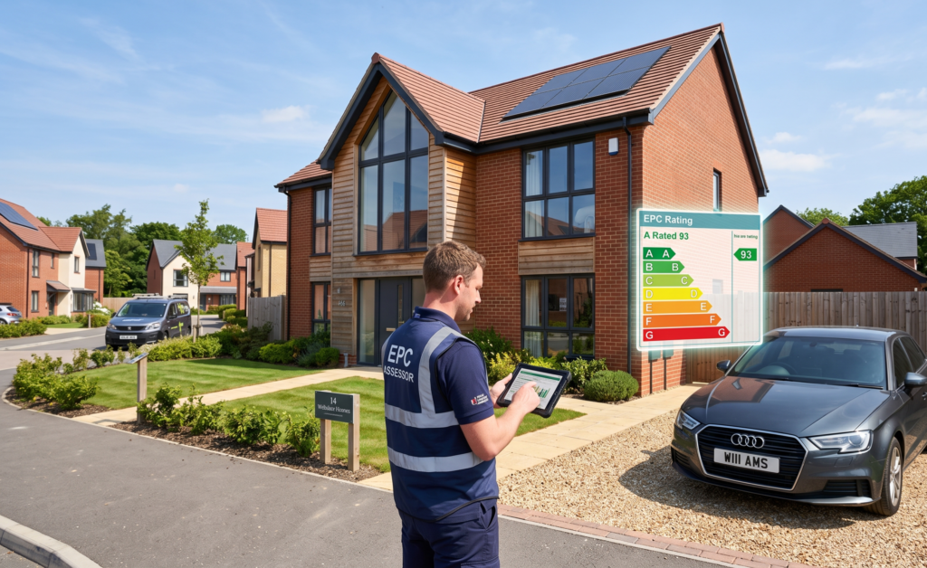 A man in a “Tidworth EPC Explainer” vest uses a tablet outside a modern, two-story home with solar panels. An energy efficiency rating chart is displayed next to a parked car in the driveway.