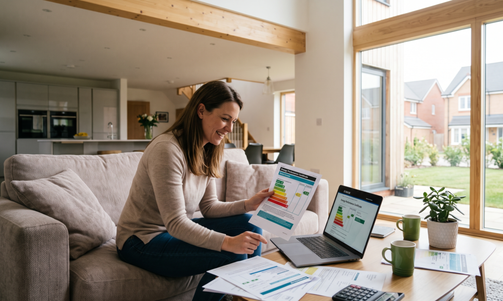 A happy homeowner in Tidworth sits on a sofa in a bright living room, smiling as she reviews her EPC paperwork and charts, with a laptop and coffee mugs on the table, suggesting she's working from home.