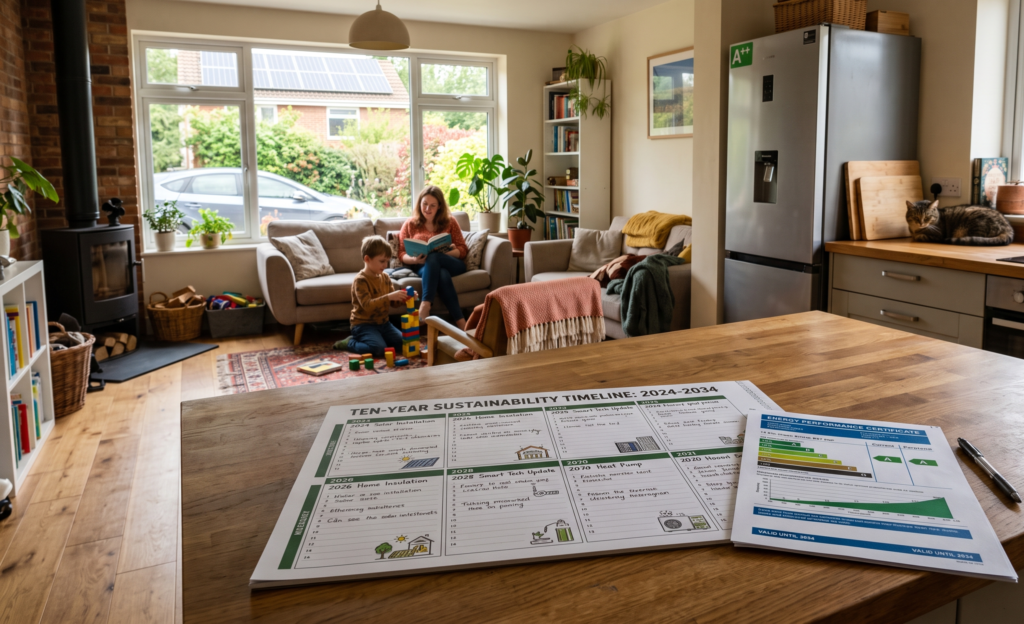 A modern, sunlit living room and kitchen where a woman reads to a child playing on the floor. In the foreground, a “Ten-Year Sustainability Timeline: 2024–2034” document highlights that a Tidworth EPC lasts 10 years.