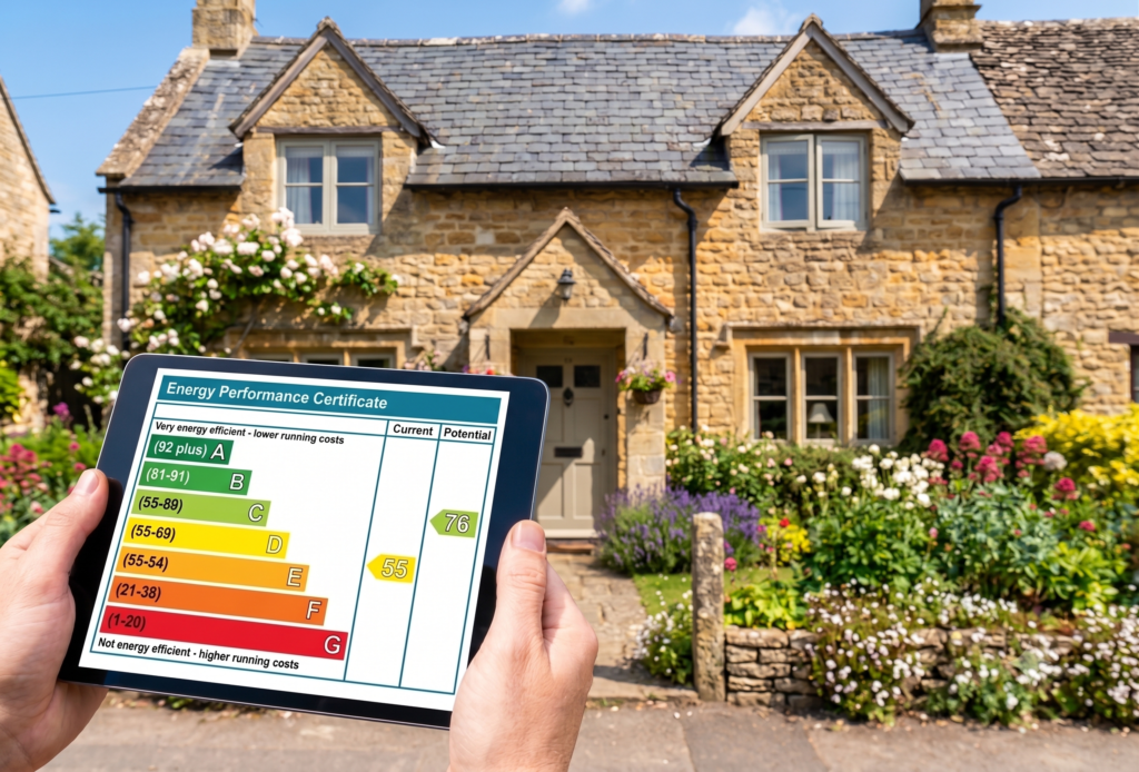 A person holds a tablet displaying a Tidworth EPC outside their home—a traditional stone house with a well-kept garden. The screen shows current and potential energy efficiency ratings.