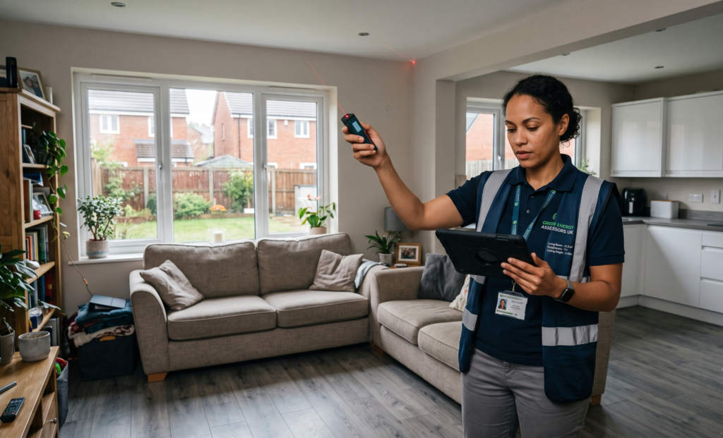 During a Tidworth EPC, an energy assessor uses a laser meter to measure the ceiling height in a living room while holding a tablet. This is part of what happens during the survey to assess your home's energy efficiency.